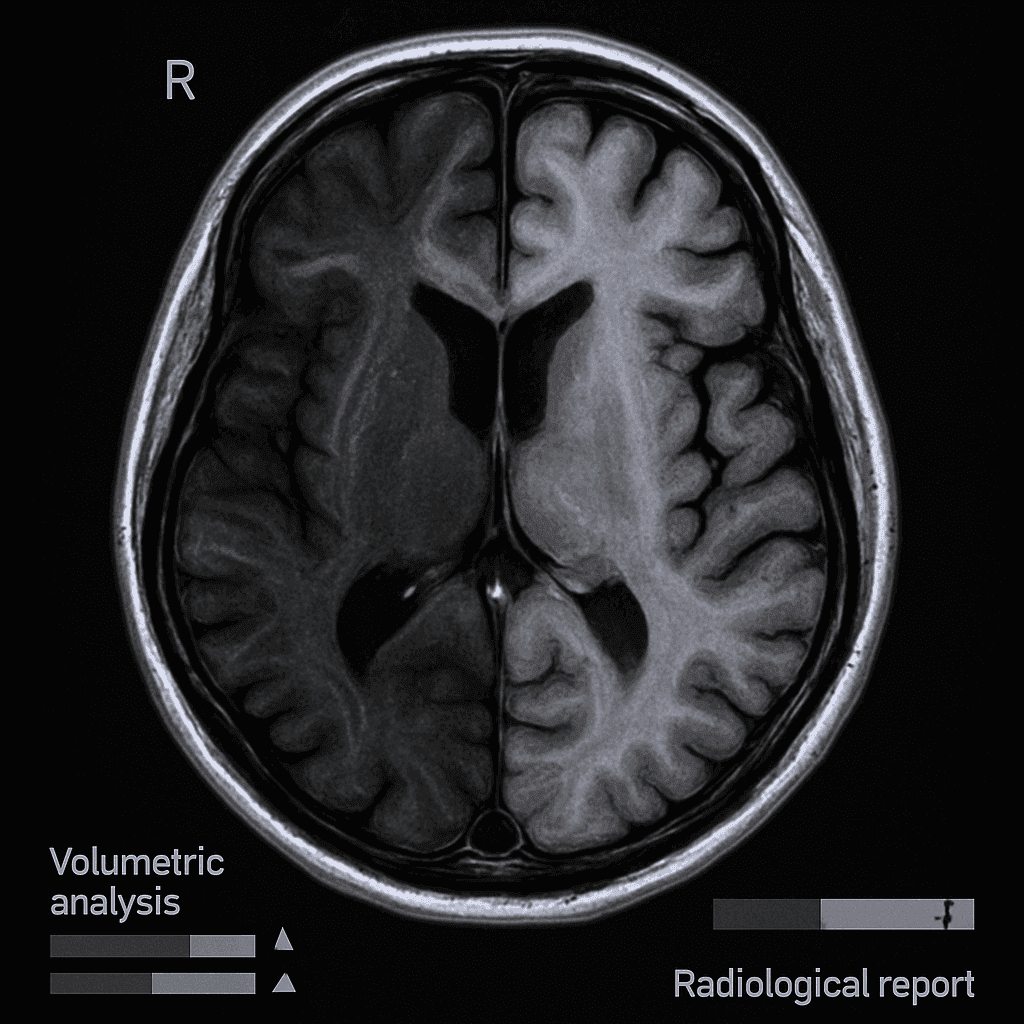 Sugestão de laudo radiológico de RM com volumetria em paciente com degeneração cortical assimétrica